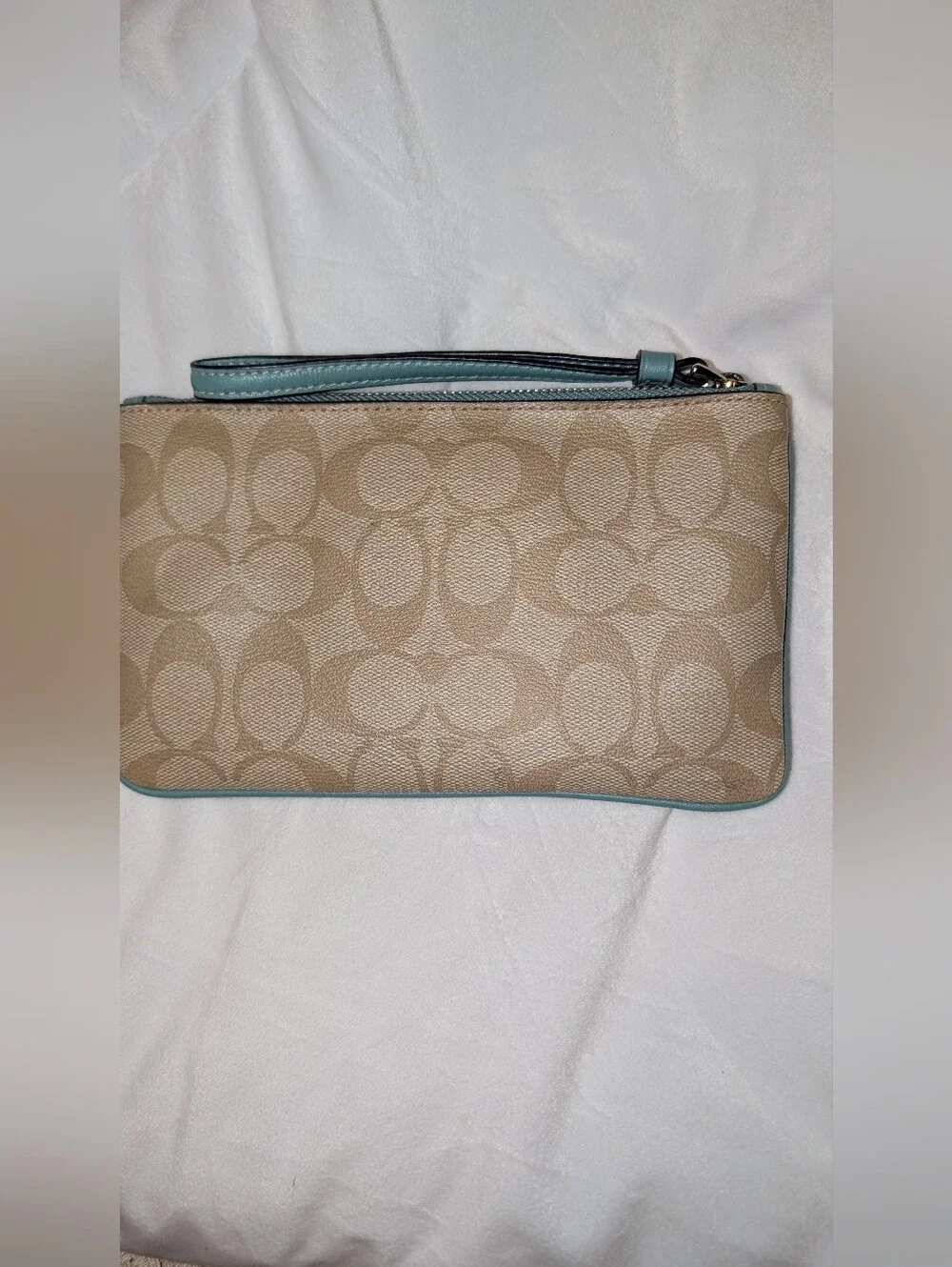 Large Corner Zip Wristlet Signature Canvas Khaki Blue VGC